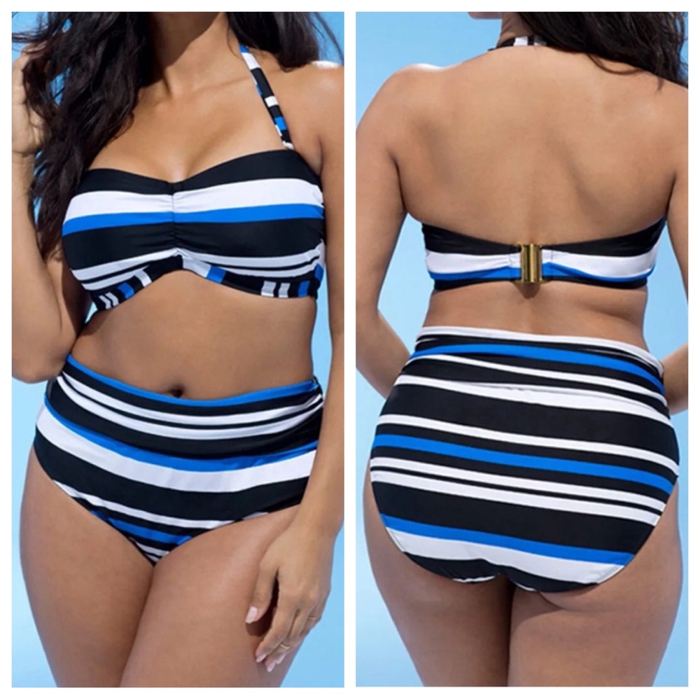 Swimsuits For All Black and Blue Striped Bikini